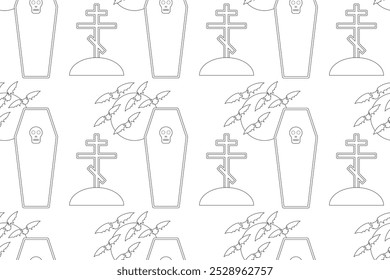 A spooky Halloween graveyard coloring page featuring bats, coffins, and crosses. Perfect for kids creative holiday projects.