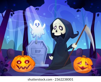 Spooky Halloween at graveyard in forest. Cute ghost floating above pumpkins, grave, death character. Spooky night in haunted graveyard. Colorful vector illustration in cartoon style.