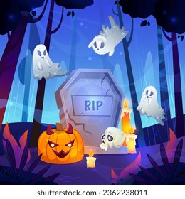Spooky Halloween at graveyard in forest. Cute ghosts floating above pumpkins, grave. Spooky night in haunted graveyard. Colorful vector illustration in cartoon style.