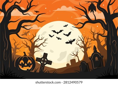 A spooky Halloween graveyard landscape featuring a glowing full moon and silhouetted bats flying in the night sky. The scene includes gnarly leafless trees, tombstones, a Celtic cross, and a grinning jack-o-lantern against a vibrant orange backdrop.