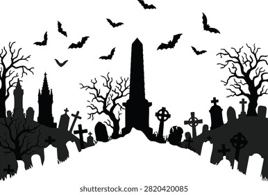 Spooky Halloween Graveyard Silhouette Background with Crosses, Tombstones and Bare Trees