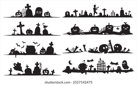 Spooky Halloween graveyard silhouette collection with pumpkins, zombies, bats, and tombstones in eerie settings, perfect for decorations, designs, and spooky themes