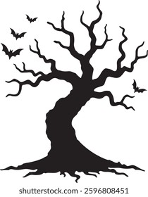 Spooky Halloween Graveyard Silhouette, Haunted Tree, Tombstones, Vector Illustration