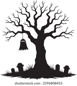 Spooky Halloween Graveyard Silhouette, Haunted Tree, Tombstones, Vector Illustration