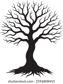 Spooky Halloween Graveyard Silhouette, Haunted Tree, Tombstones, Vector Illustration