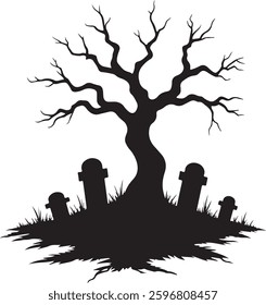 Spooky Halloween Graveyard Silhouette, Haunted Tree, Tombstones, Vector Illustration