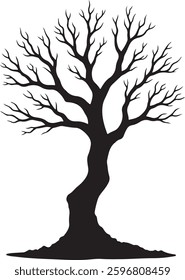 Spooky Halloween Graveyard Silhouette, Haunted Tree, Tombstones, Vector Illustration