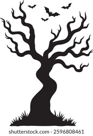 Spooky Halloween Graveyard Silhouette, Haunted Tree, Tombstones, Vector Illustration