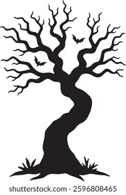 Spooky Halloween Graveyard Silhouette, Haunted Tree, Tombstones, Vector Illustration