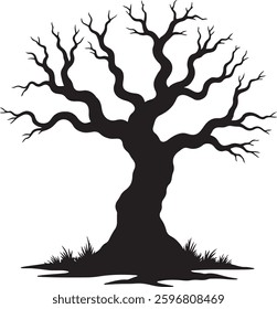 Spooky Halloween Graveyard Silhouette, Haunted Tree, Tombstones, Vector Illustration