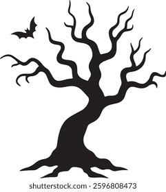 Spooky Halloween Graveyard Silhouette, Haunted Tree, Tombstones, Vector Illustration