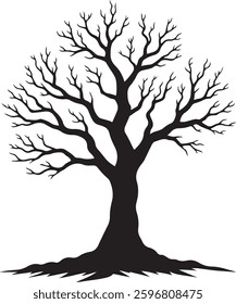 Spooky Halloween Graveyard Silhouette, Haunted Tree, Tombstones, Vector Illustration