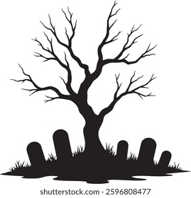 Spooky Halloween Graveyard Silhouette, Haunted Tree, Tombstones, Vector Illustration