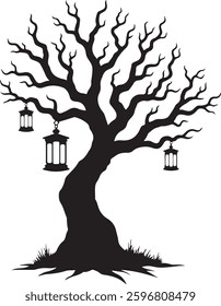 Spooky Halloween Graveyard Silhouette, Haunted Tree, Tombstones, Vector Illustration