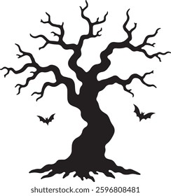 Spooky Halloween Graveyard Silhouette, Haunted Tree, Tombstones, Vector Illustration