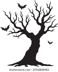 Spooky Halloween Graveyard Silhouette, Haunted Tree, Tombstones, Vector Illustration