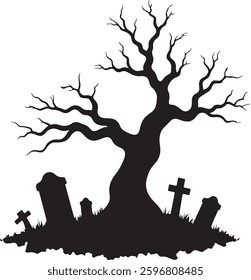 Spooky Halloween Graveyard Silhouette, Haunted Tree, Tombstones, Vector Illustration