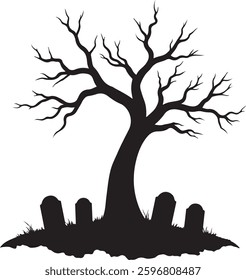 Spooky Halloween Graveyard Silhouette, Haunted Tree, Tombstones, Vector Illustration