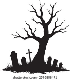 Spooky Halloween Graveyard Silhouette, Haunted Tree, Tombstones, Vector Illustration