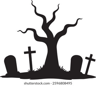 Spooky Halloween Graveyard Silhouette, Haunted Tree, Tombstones, Vector Illustration