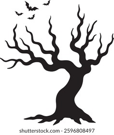 Spooky Halloween Graveyard Silhouette, Haunted Tree, Tombstones, Vector Illustration