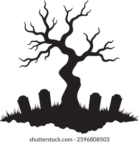 Spooky Halloween Graveyard Silhouette, Haunted Tree, Tombstones, Vector Illustration