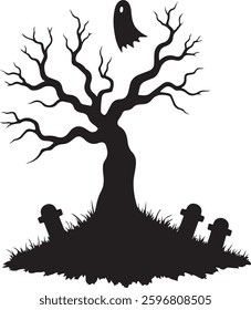 Spooky Halloween Graveyard Silhouette, Haunted Tree, Tombstones, Vector Illustration