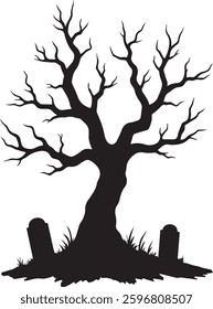 Spooky Halloween Graveyard Silhouette, Haunted Tree, Tombstones, Vector Illustration