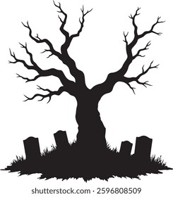 Spooky Halloween Graveyard Silhouette, Haunted Tree, Tombstones, Vector Illustration