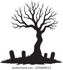 Spooky Halloween Graveyard Silhouette, Haunted Tree, Tombstones, Vector Illustration