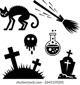 Spooky Halloween Graveyard and Witch Elements