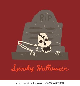 Spooky Halloween greeting card, art print, poster with a creepy human skeleton rising from the grave, a zombie with burning red pupils getting out from the coffin. Hand-drawn vector design.