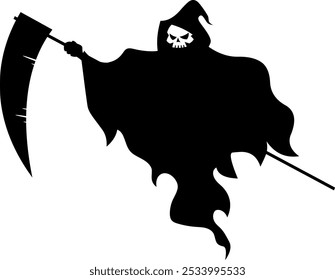 Spooky Halloween Grim Reaper Black Silhouette. Vector Hand Drawn Illustration Isolated On Transparent Background