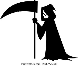 Spooky Halloween Grim Reaper Black Silhouette. Vector Hand Drawn Illustration Isolated On Transparent Background