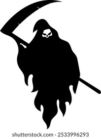 Spooky Halloween Grim Reaper Black Silhouette. Vector Hand Drawn Illustration Isolated On Transparent Background