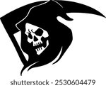 Spooky Halloween Grim Reaper Head Black Silhouette. Vector Hand Drawn Illustration Isolated On Transparent Background