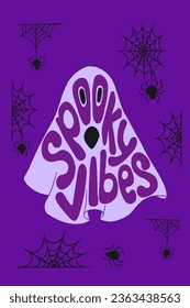 Spooky halloween hand drawn typographic poster with ghost. Retro groovy holiday composition with text Spooky Vibes in ghost form, spiders web and spinders. Good for decoration, posters, tshirt print