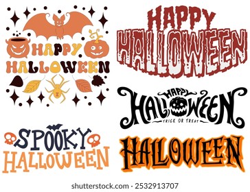 Gespenstische Halloween und Happy Halloween Text Design Sets, Spaß und festliche Typografie, perfekt für Karten, Dekorationen und Feiern, schaffen eine gespenstische Atmosphäre für Ihre Halloween Feierlichkeiten.