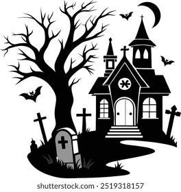 Spooky Halloween haunted house with bats tombstone and a haunted tree.