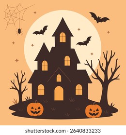 Spooky Halloween Haunted House with Bats and Pumpkins, Happy Halloween.