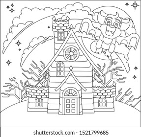  A spooky Halloween haunted house scene with cute vampire bat in coloring outline