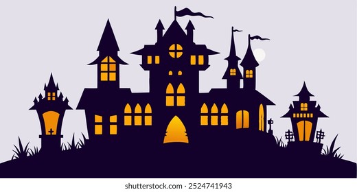 Spooky Halloween Haunted House Silhouette With Glowing Windows.