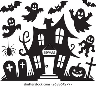 Spooky Halloween Haunted House Silhouette with Ghosts Bats and Pumpkin