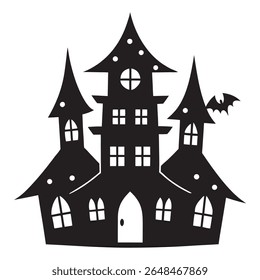 Uma assustadora silhueta de casa assombrada do Halloween se posiciona contra um fundo branco limpo, perfeito para criar uma atmosfera festiva e misteriosa para seus projetos de férias.