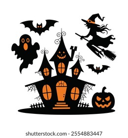 Spooky Halloween Haunted House vector  Illustration with Bats and Pumpkins on white background 