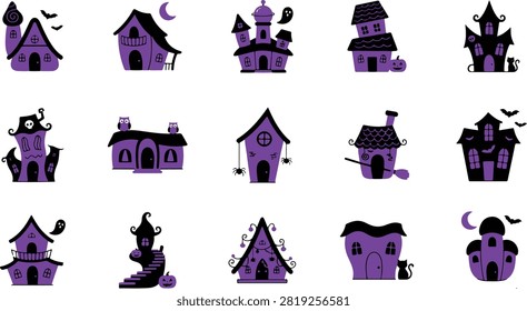 Spooky Halloween Haunted House vector collection featuring unique haunted mansion designs in a clean flat style. Isolated on a white background, perfect for invitations, clipart, stickers, posters, crafts, and print or digital Halloween projects.