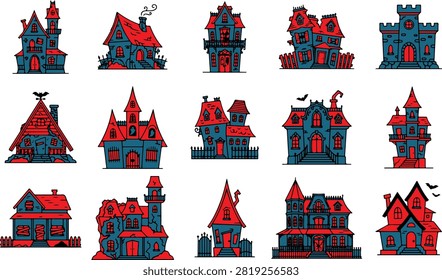 Spooky Halloween Haunted House vector collection featuring unique haunted mansion designs in a clean flat style. Isolated on a white background, perfect for invitations, clipart, stickers, posters, crafts, and print or digital Halloween projects.