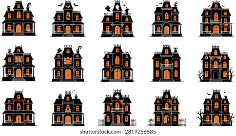 Spooky Halloween Haunted House vector collection featuring unique haunted mansion designs in a clean flat style. Isolated on a white background, perfect for invitations, clipart, stickers, posters, crafts, and print or digital Halloween projects.