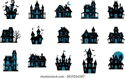 Spooky Halloween Haunted House vector collection featuring unique haunted mansion designs in a clean flat style. Isolated on a white background, perfect for invitations, clipart, stickers, posters, crafts, and print or digital Halloween projects.