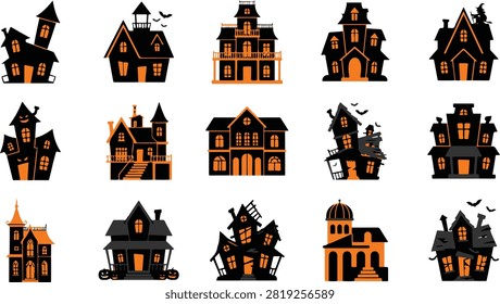 Spooky Halloween Haunted House vector collection featuring unique haunted mansion designs in a clean flat style. Isolated on a white background, perfect for invitations, clipart, stickers, posters, crafts, and print or digital Halloween projects.